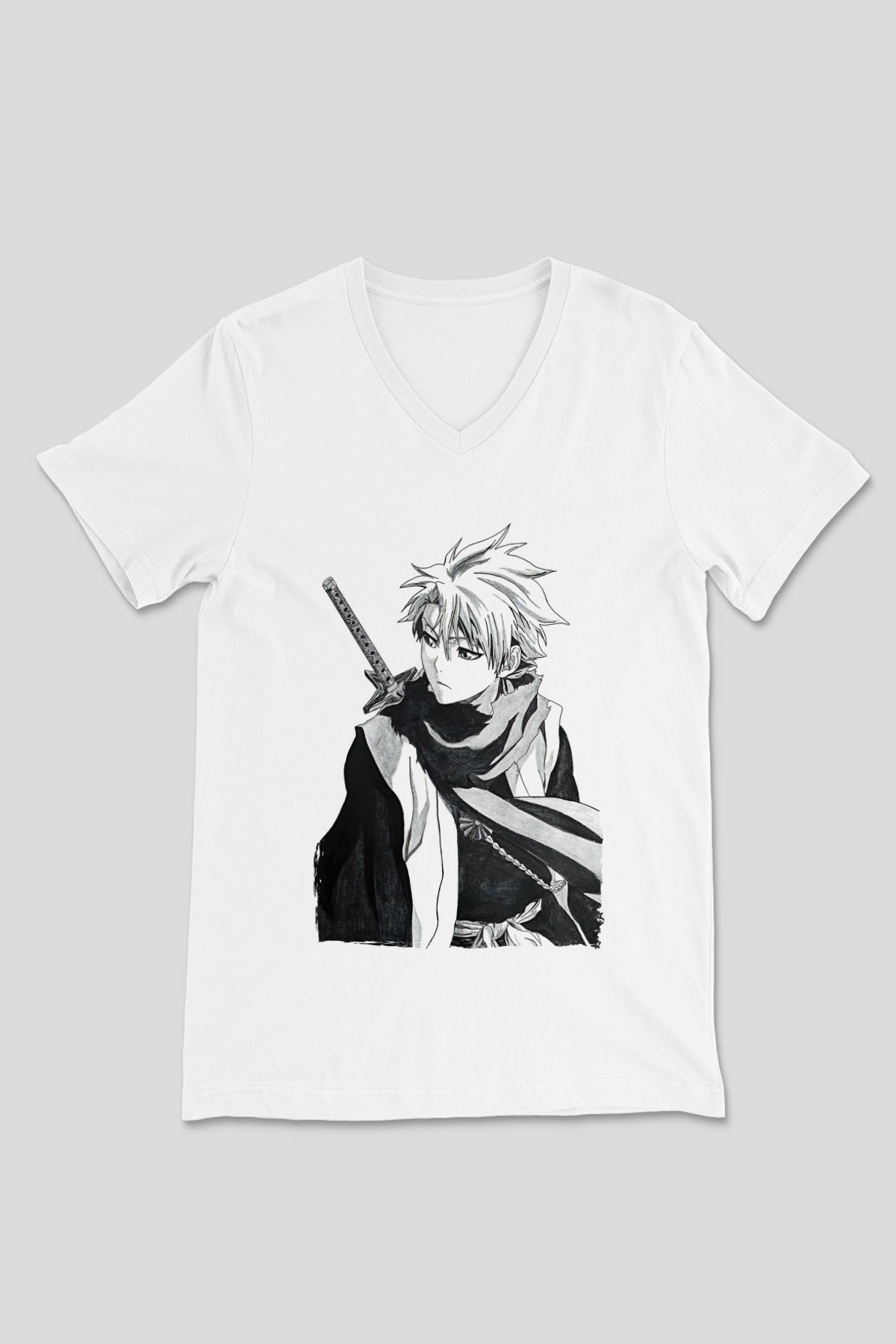 Bleach Baskılı Beyaz Unisex V Yaka Tişört - Tshirt
