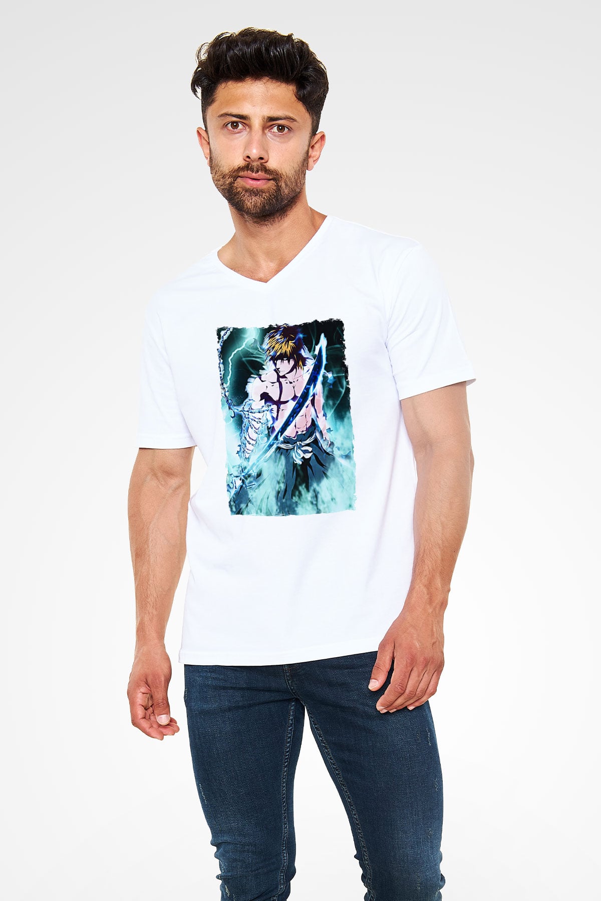 Bleach Baskılı Beyaz Unisex V Yaka Tişört - Tshirt