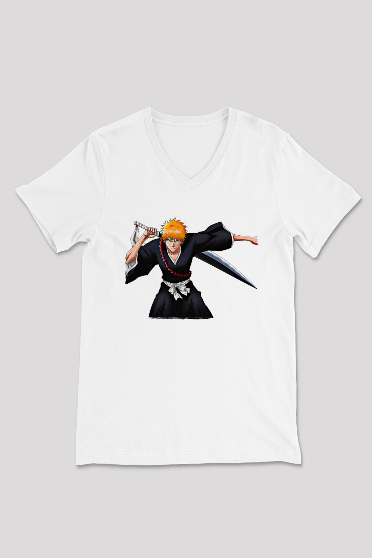 Bleach Baskılı Beyaz Unisex V Yaka Tişört - Tshirt