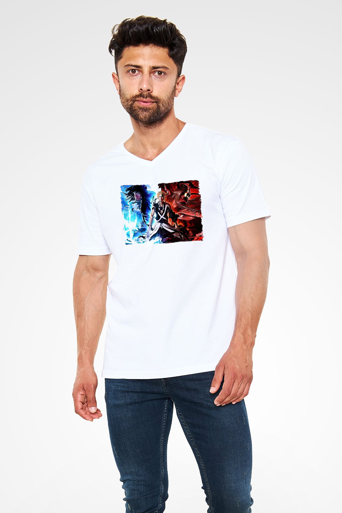 Bleach Baskılı Beyaz Unisex V Yaka Tişört - Tshirt
