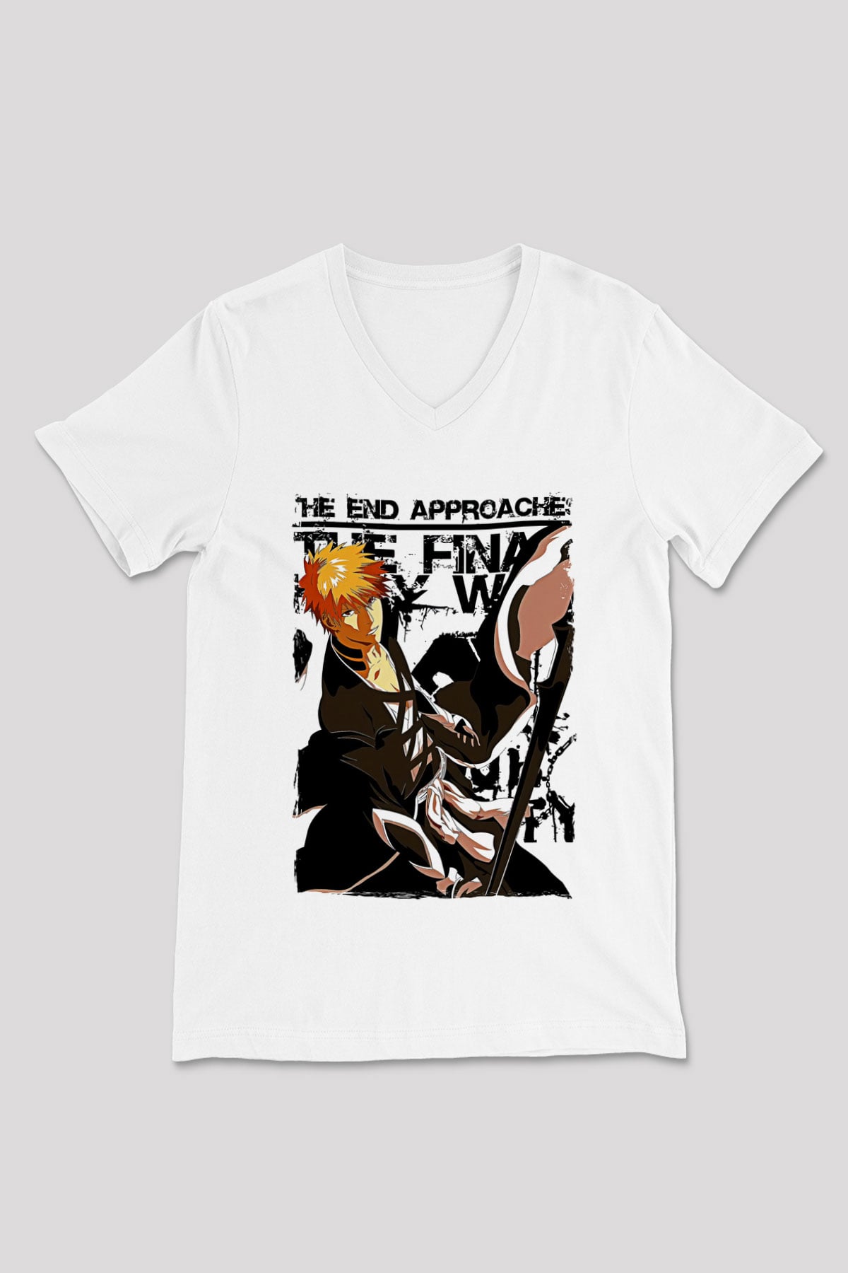 Bleach Baskılı Beyaz Unisex V Yaka Tişört - Tshirt