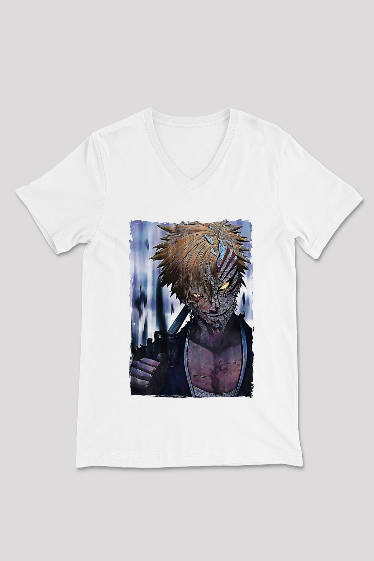 Bleach Baskılı Beyaz Unisex V Yaka Tişört - Tshirt