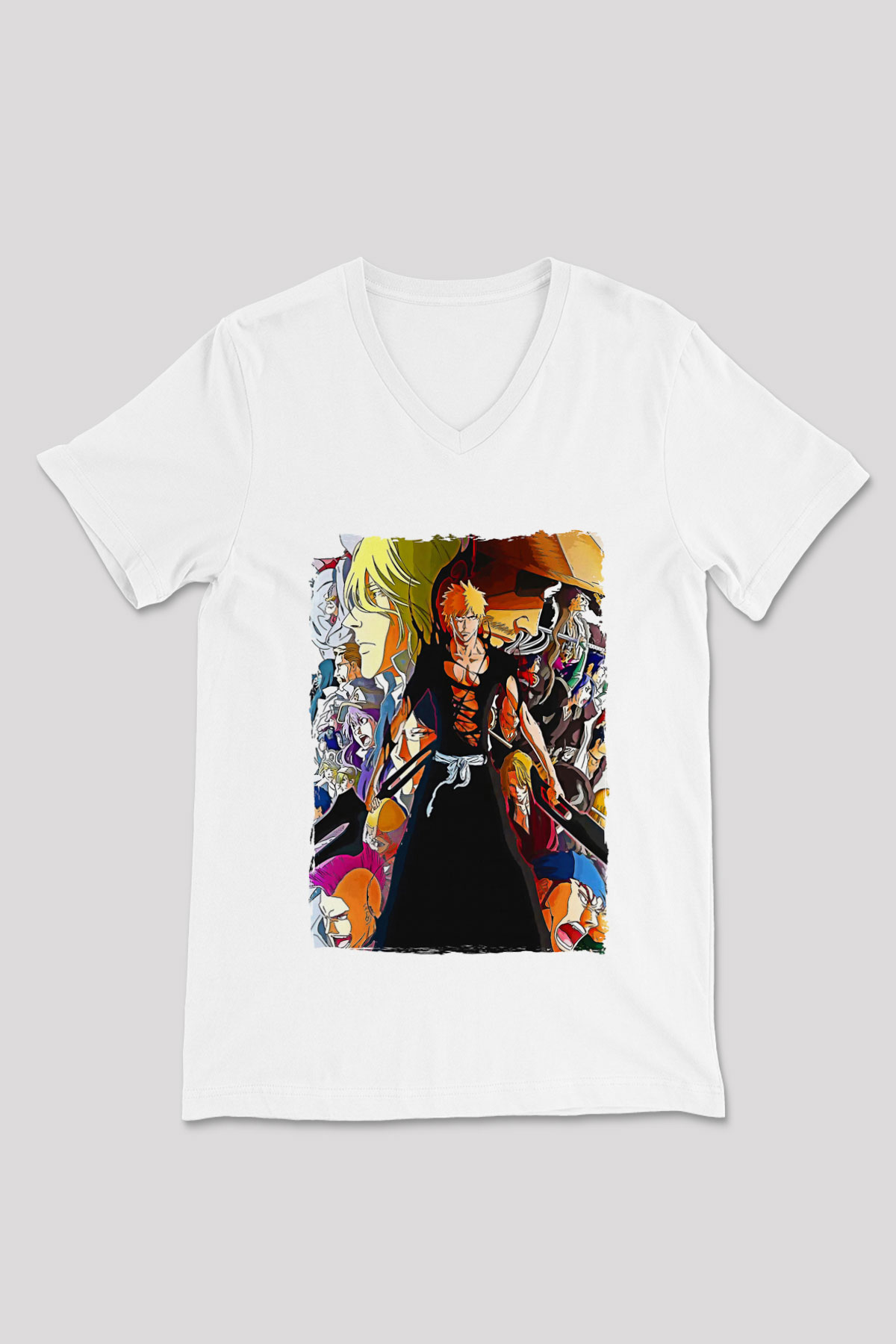 Bleach Baskılı Beyaz Unisex V Yaka Tişört - Tshirt
