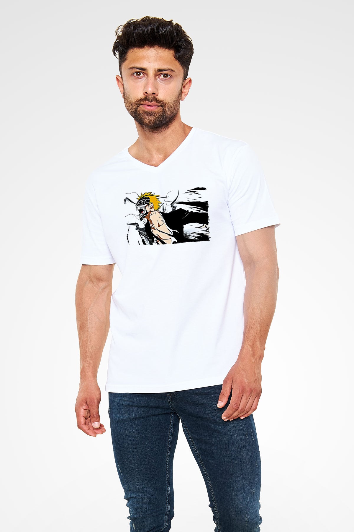 Bleach Baskılı Beyaz Unisex V Yaka Tişört - Tshirt