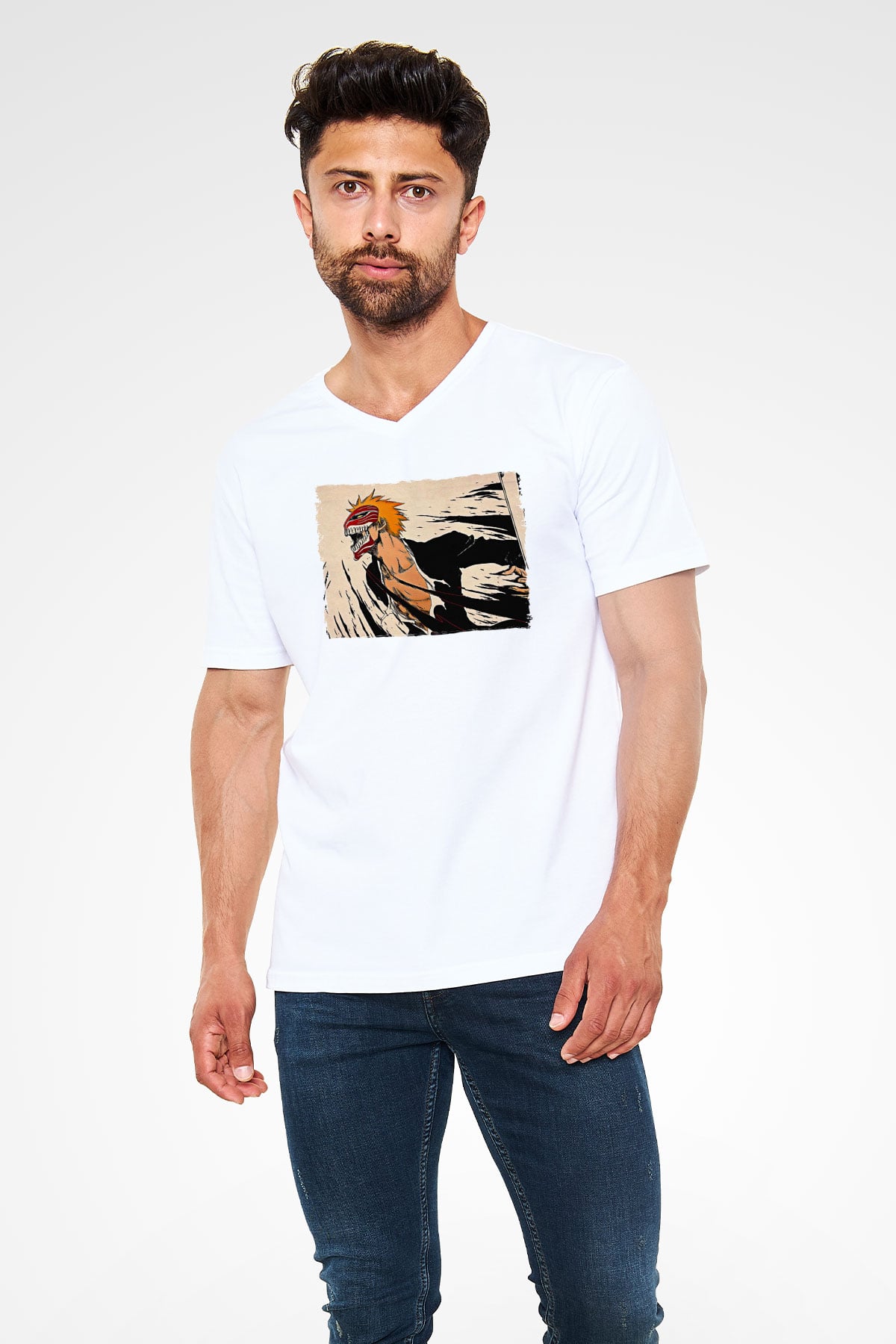 Bleach Baskılı Beyaz Unisex V Yaka Tişört - Tshirt
