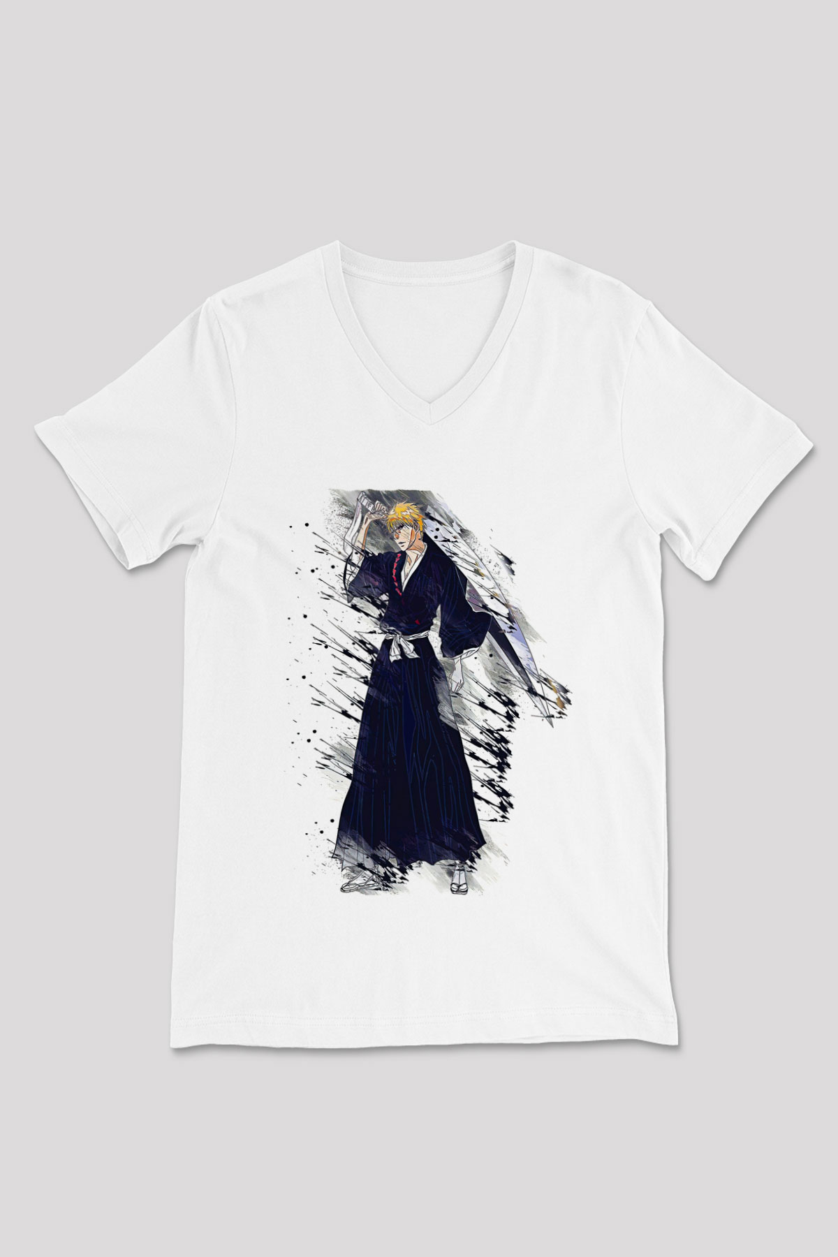 Bleach Baskılı Beyaz Unisex V Yaka Tişört - Tshirt