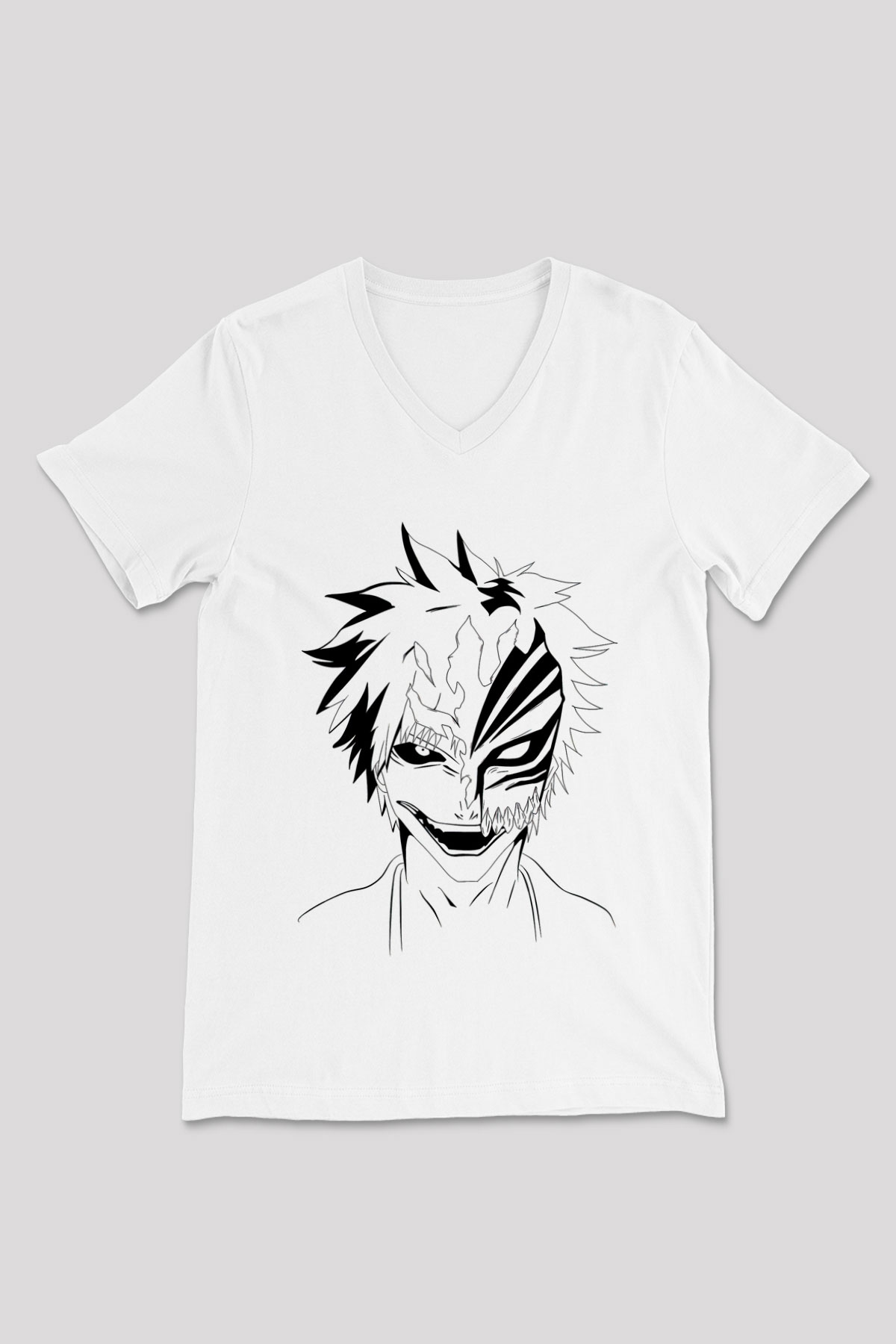 Bleach Baskılı Beyaz Unisex V Yaka Tişört - Tshirt