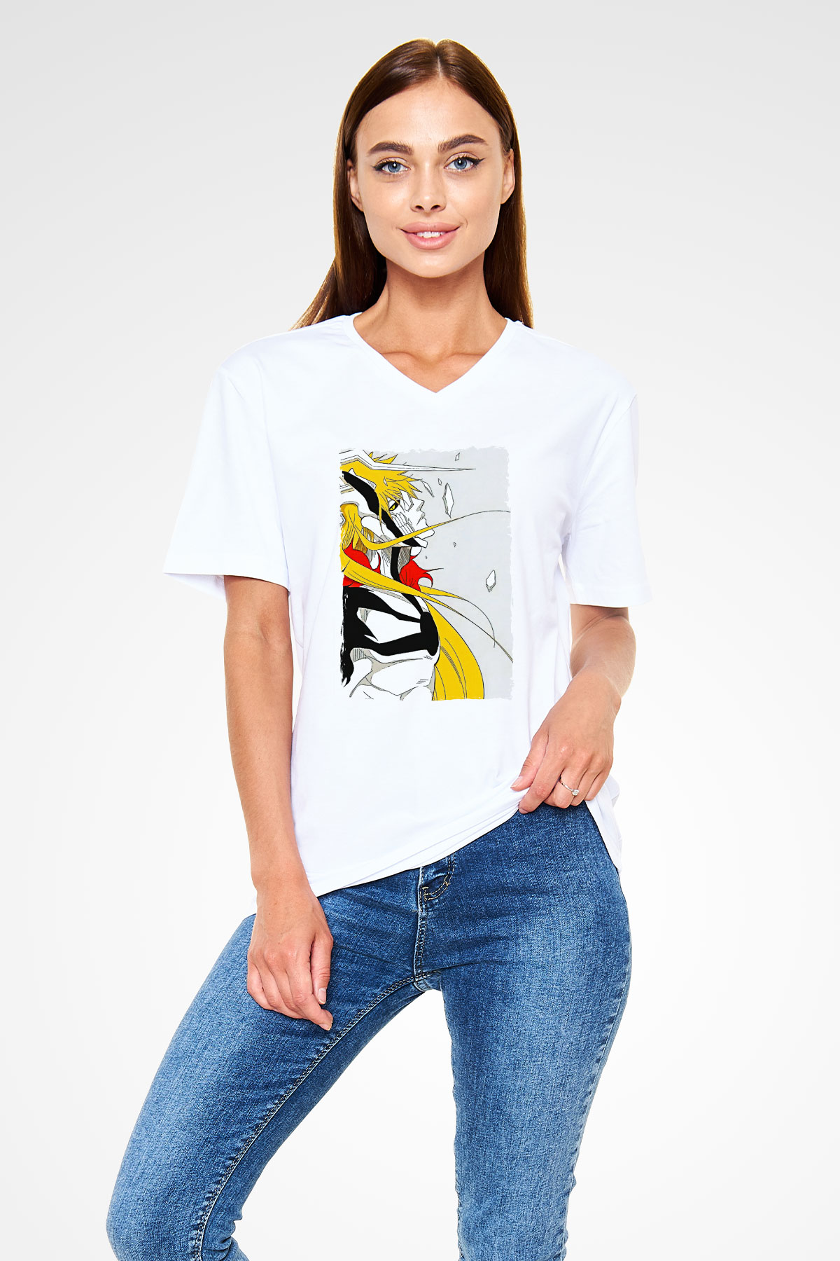 Bleach Baskılı Beyaz Unisex V Yaka Tişört - Tshirt