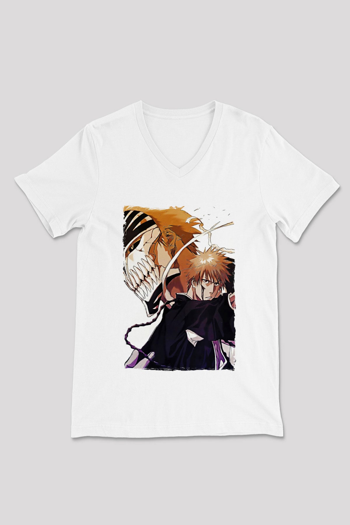Bleach Baskılı Beyaz Unisex V Yaka Tişört - Tshirt