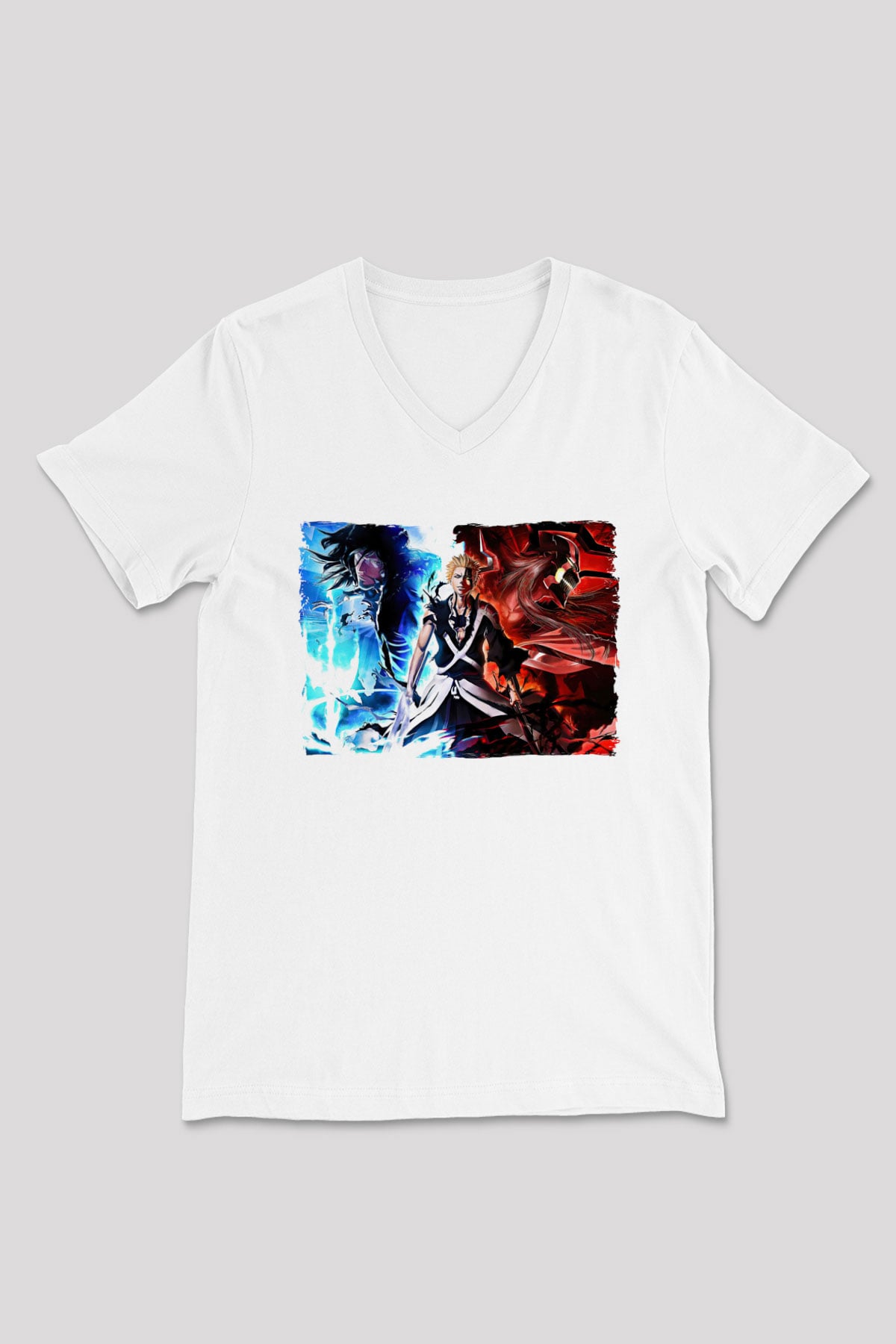 Bleach Baskılı Beyaz Unisex V Yaka Tişört - Tshirt