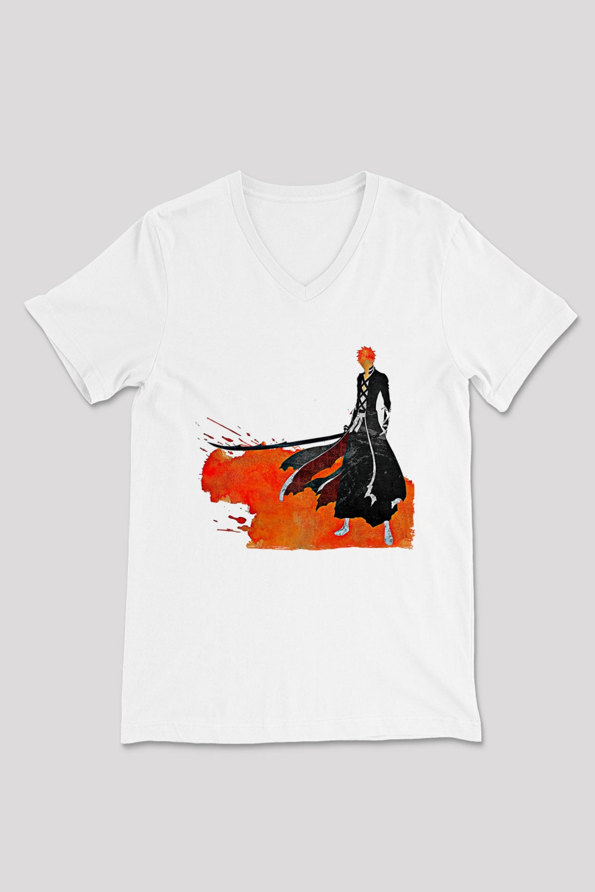 Bleach Baskılı Beyaz Unisex V Yaka Tişört - Tshirt