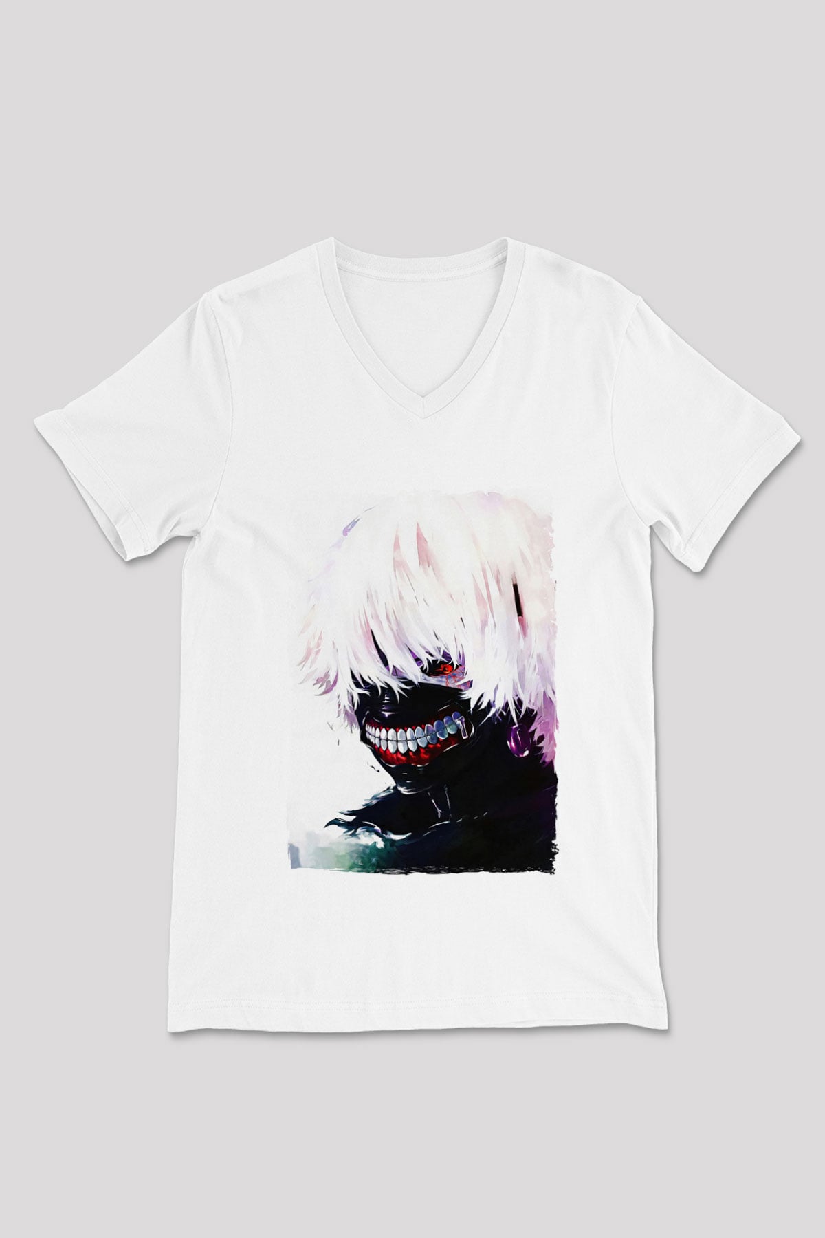 Bleach Baskılı Beyaz Unisex V Yaka Tişört - Tshirt