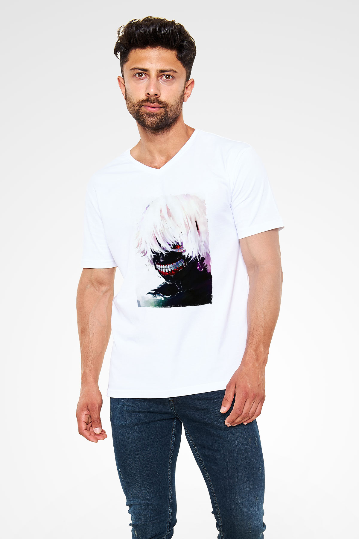 Bleach Baskılı Beyaz Unisex V Yaka Tişört - Tshirt