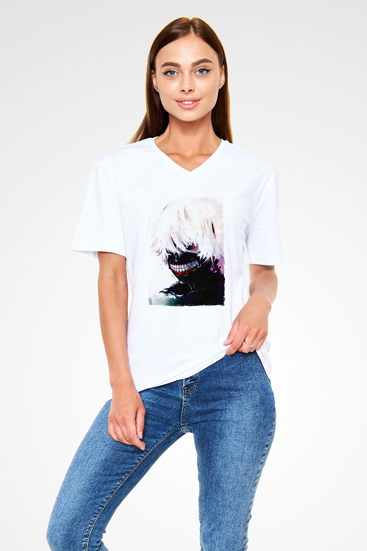 Bleach Baskılı Beyaz Unisex V Yaka Tişört - Tshirt