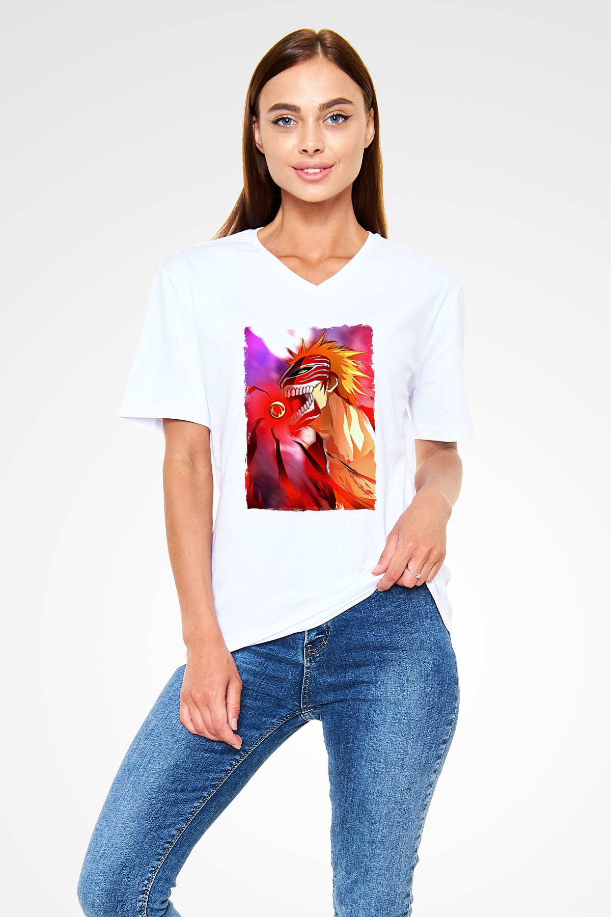 Bleach Baskılı Beyaz Unisex V Yaka Tişört - Tshirt