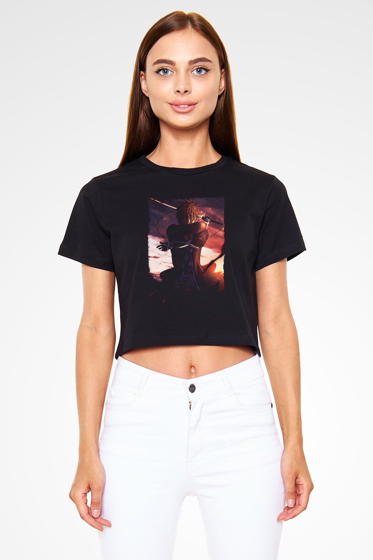 Bleach Baskılı Siyah Crop Top Kadın Tişört - Tshirt