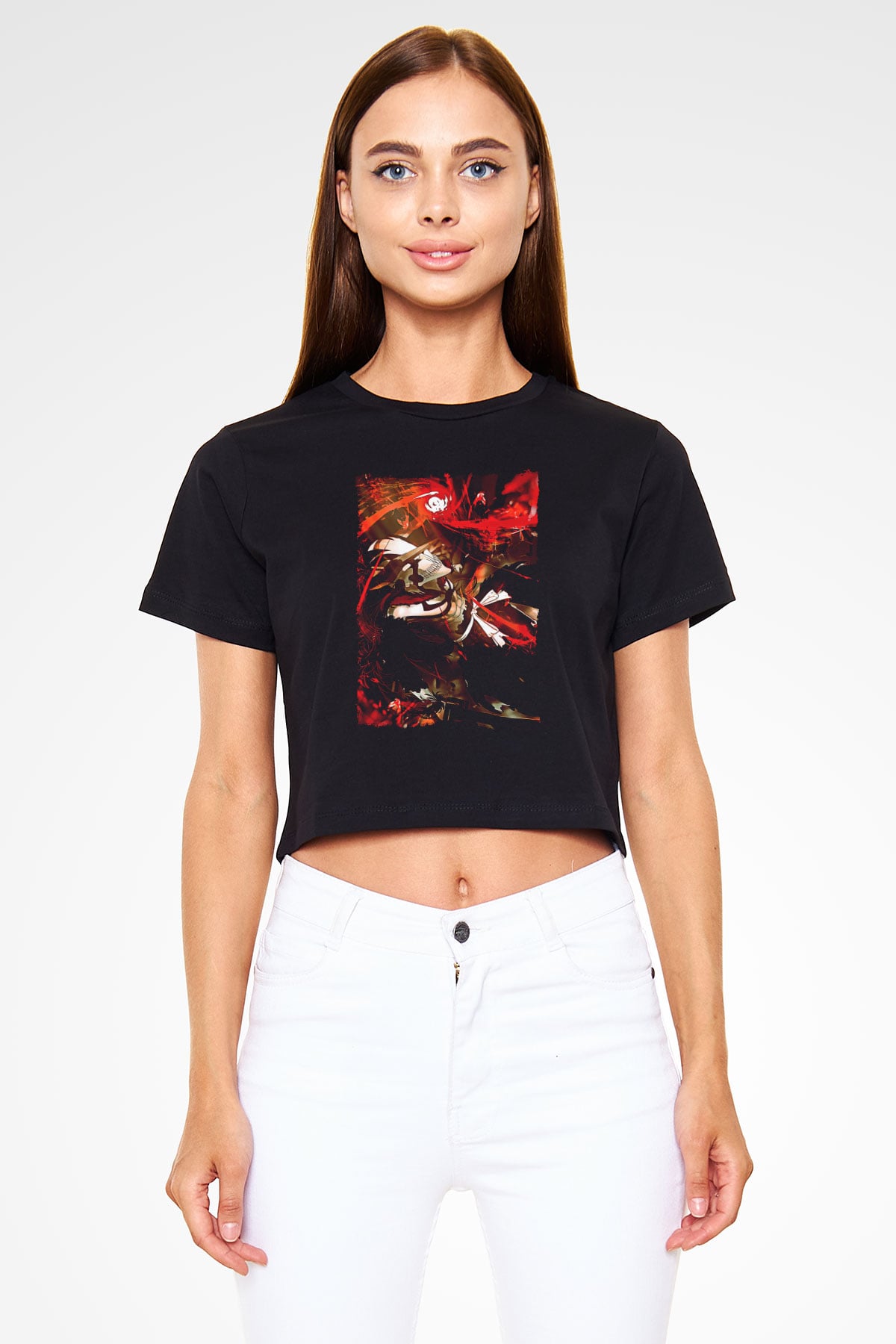 Bleach Baskılı Siyah Crop Top Kadın Tişört - Tshirt