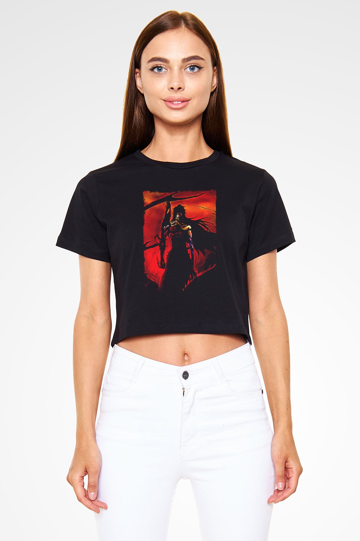 Bleach Baskılı Siyah Crop Top Kadın Tişört - Tshirt