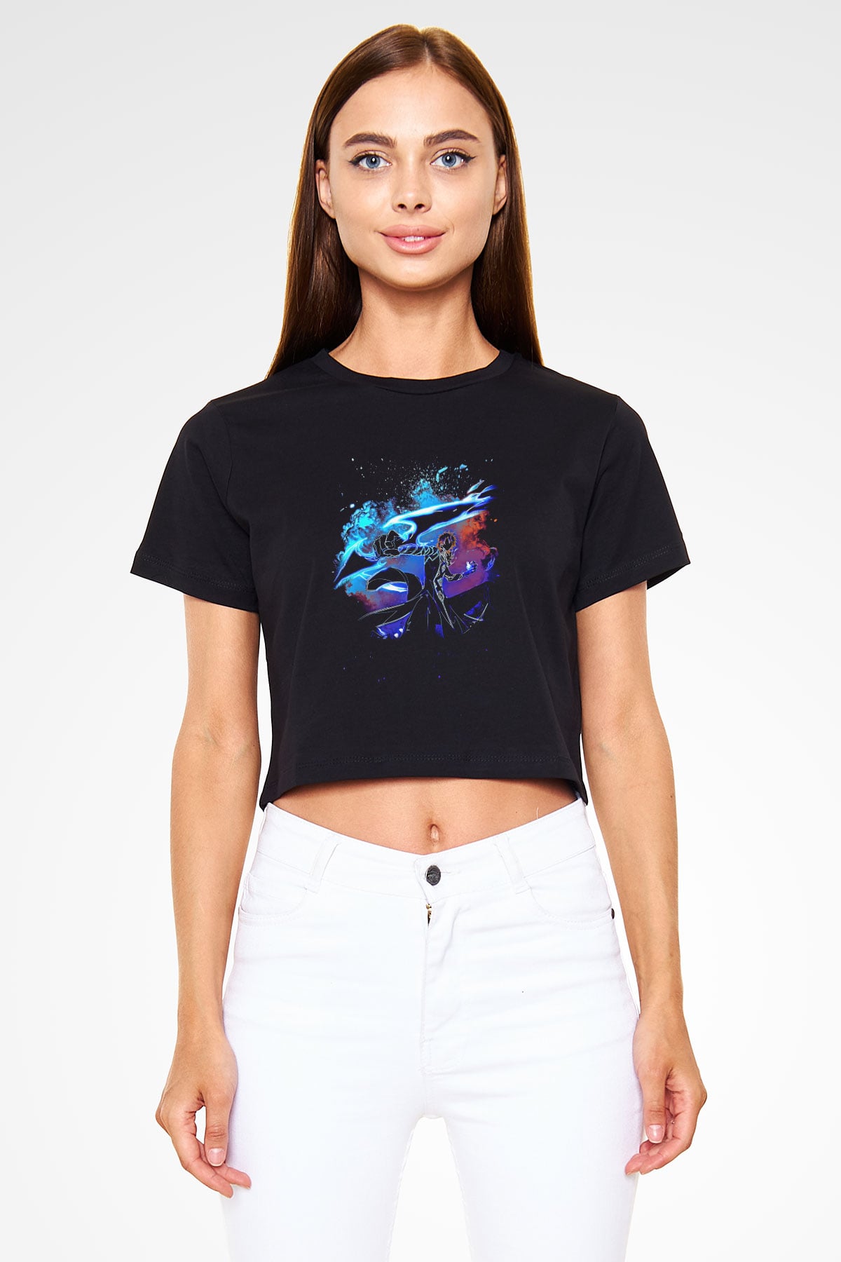 Bleach Baskılı Siyah Crop Top Kadın Tişört - Tshirt