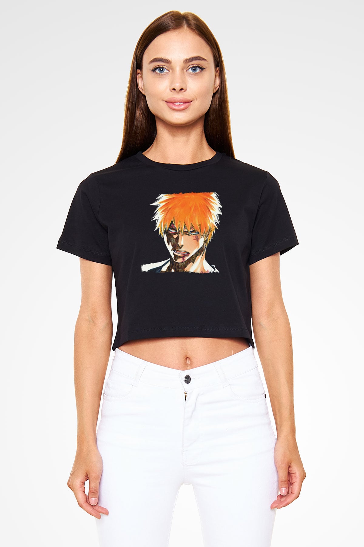 Bleach Baskılı Siyah Crop Top Kadın Tişört - Tshirt