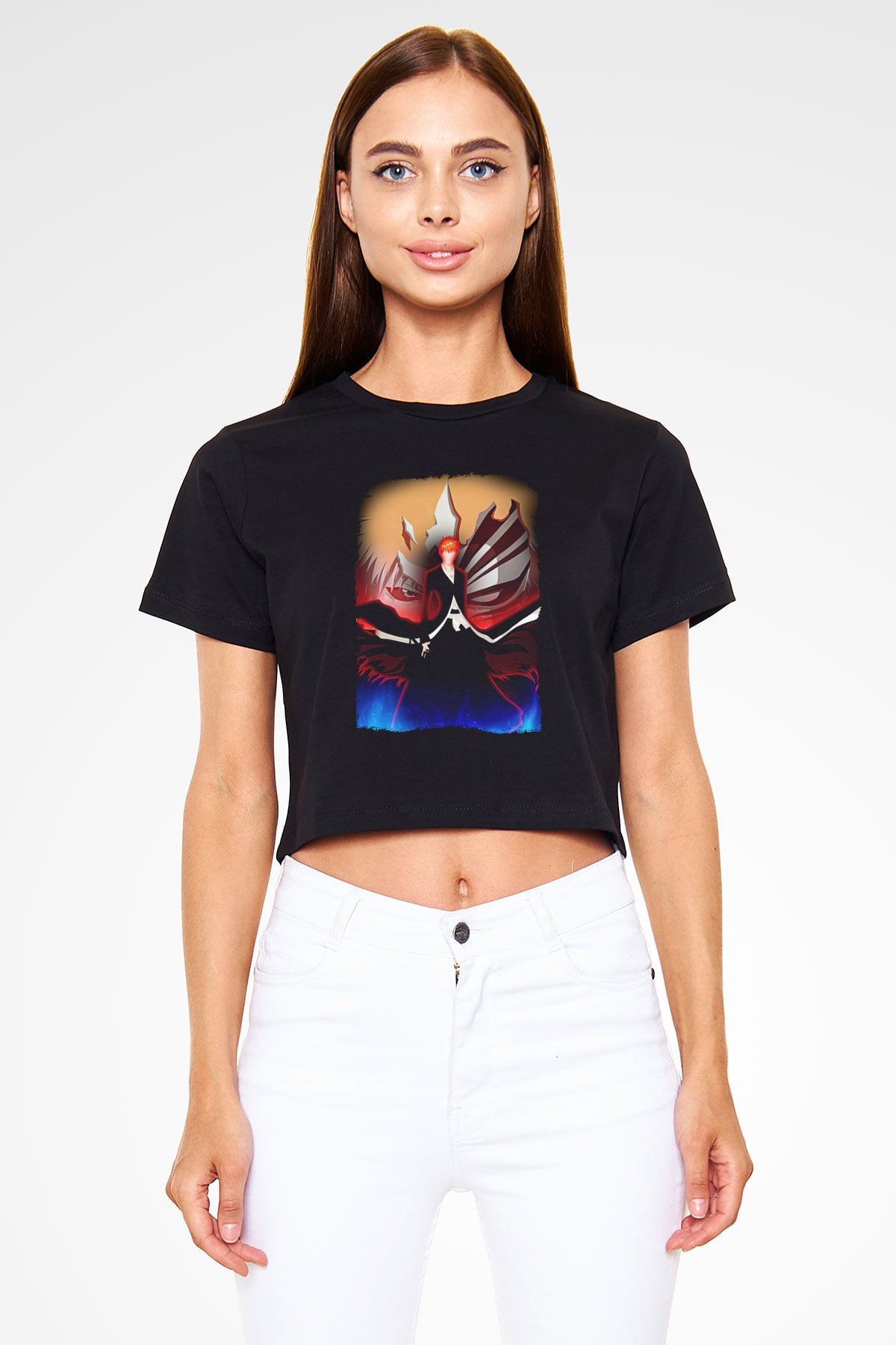 Bleach Baskılı Siyah Crop Top Kadın Tişört - Tshirt