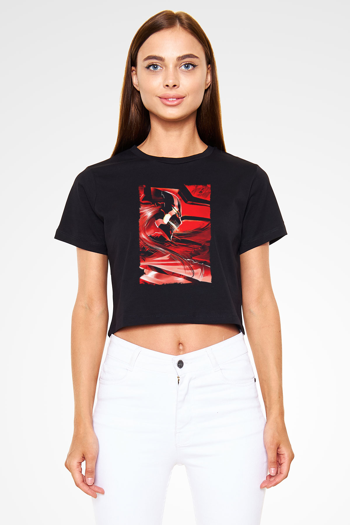 Bleach Baskılı Siyah Crop Top Kadın Tişört - Tshirt