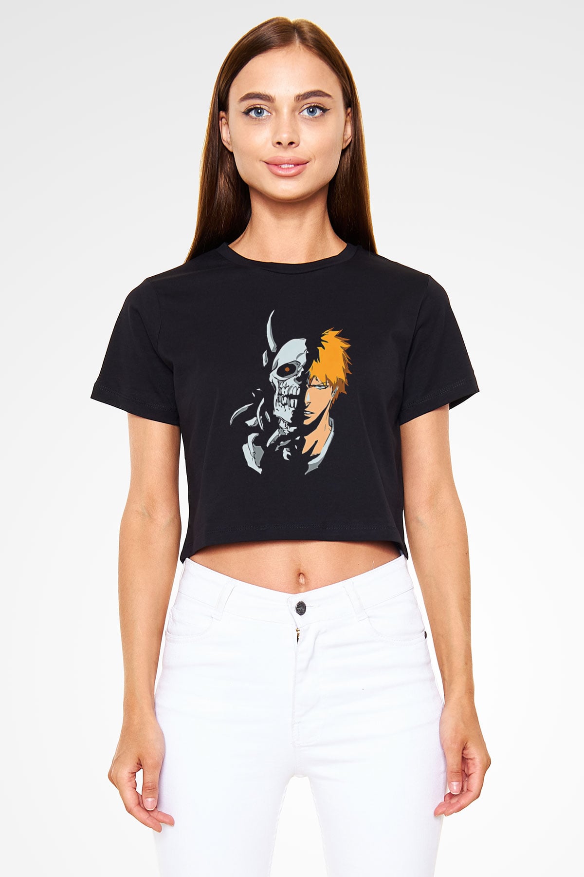Bleach Baskılı Siyah Crop Top Kadın Tişört - Tshirt