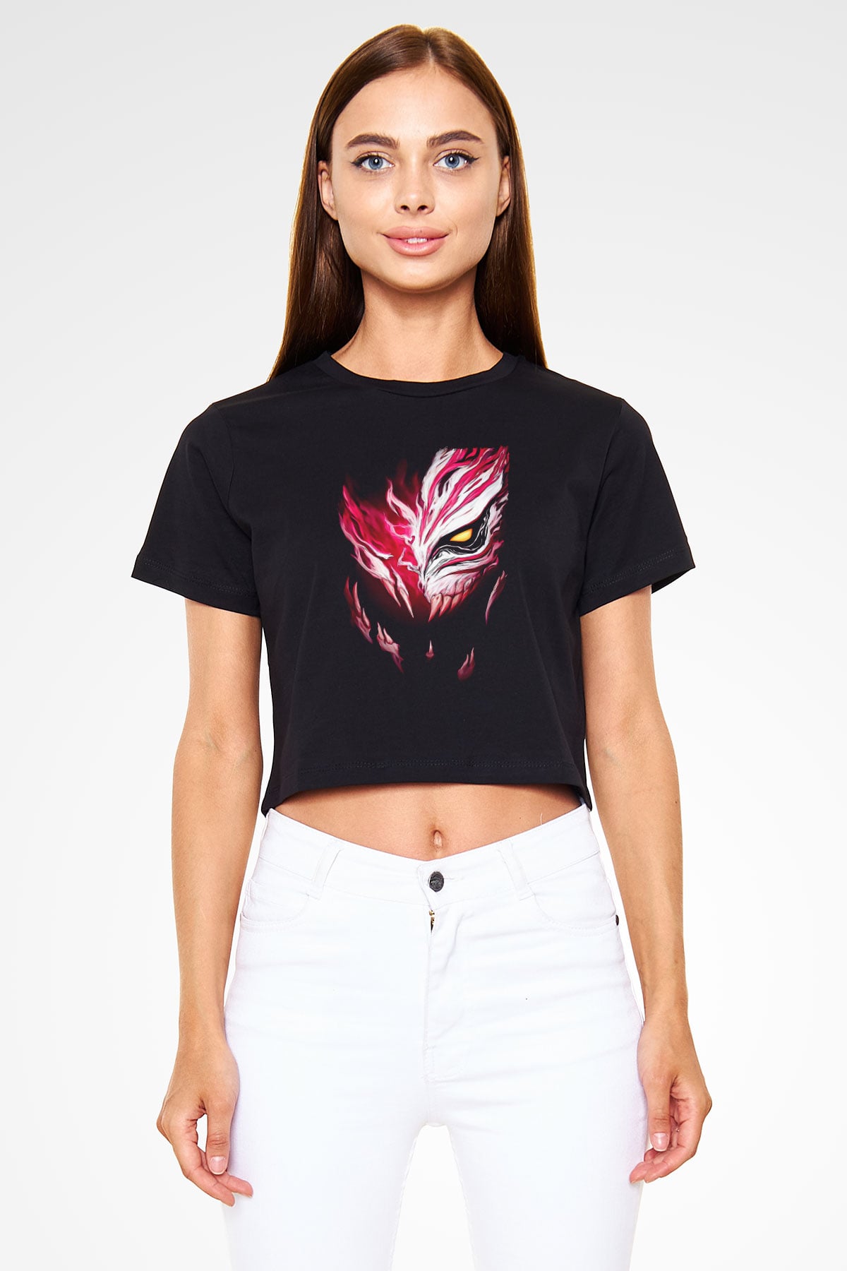 Bleach Baskılı Siyah Crop Top Kadın Tişört - Tshirt