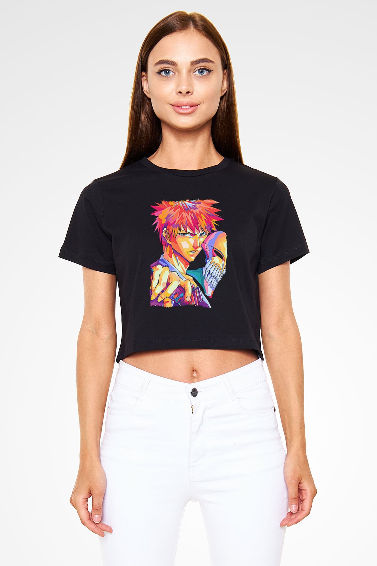 Bleach Baskılı Siyah Crop Top Kadın Tişört - Tshirt