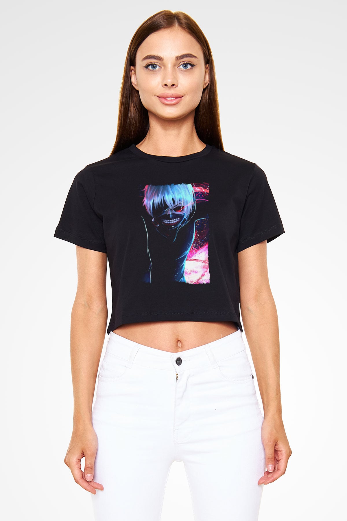 Bleach Baskılı Siyah Crop Top Kadın Tişört - Tshirt