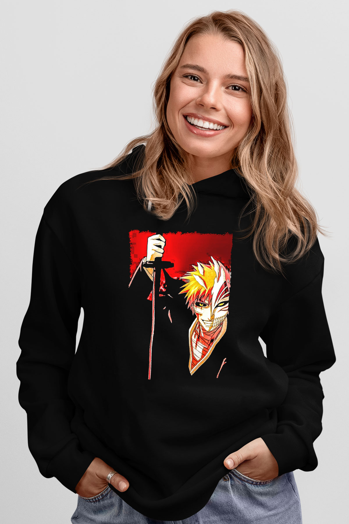 Bleach Baskılı Unisex Siyah Hoodie
