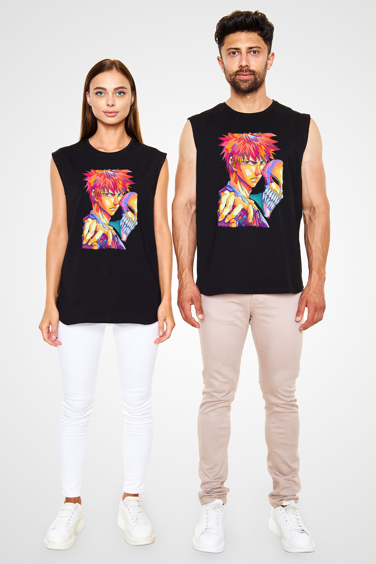 Bleach Baskılı Unisex Siyah Kolsuz Tişört - Tshirt