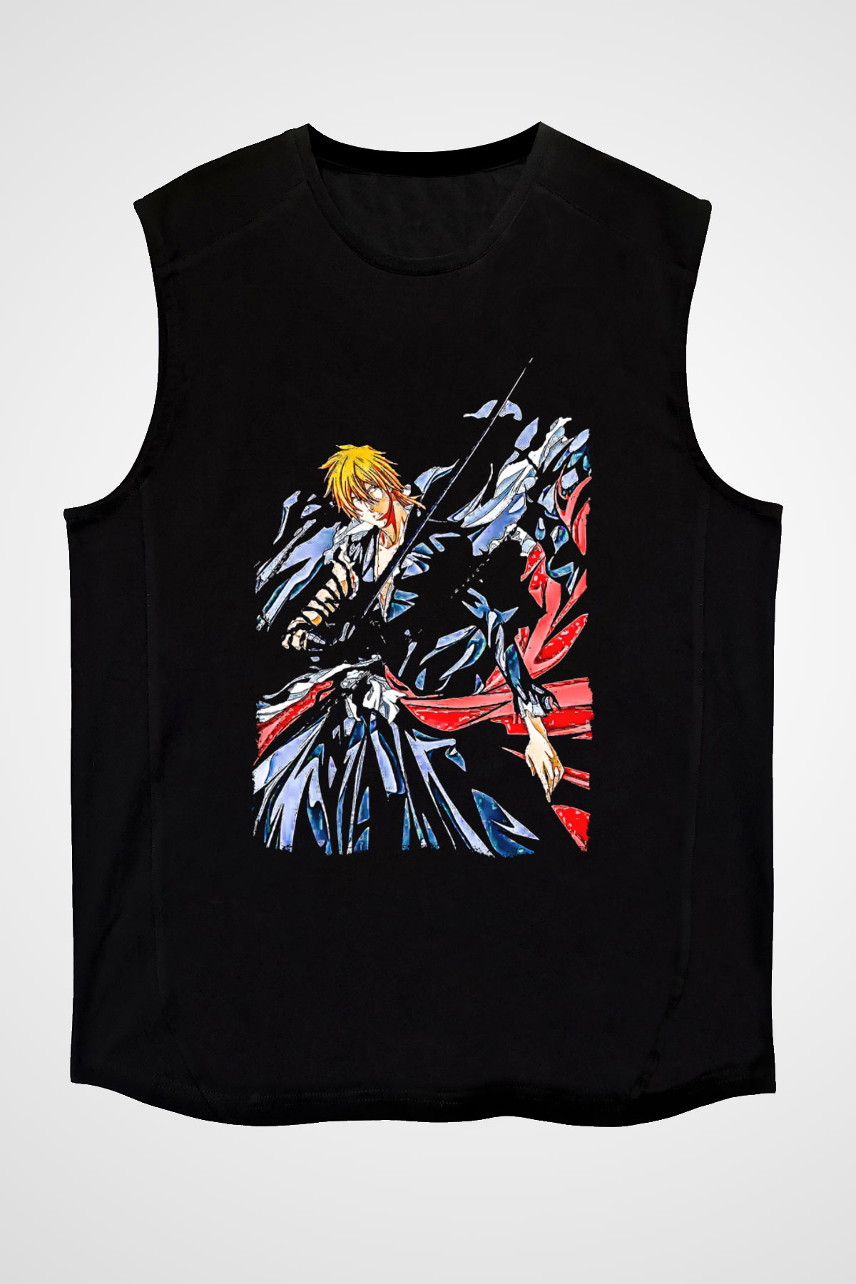 Bleach Baskılı Unisex Siyah Kolsuz Tişört - Tshirt