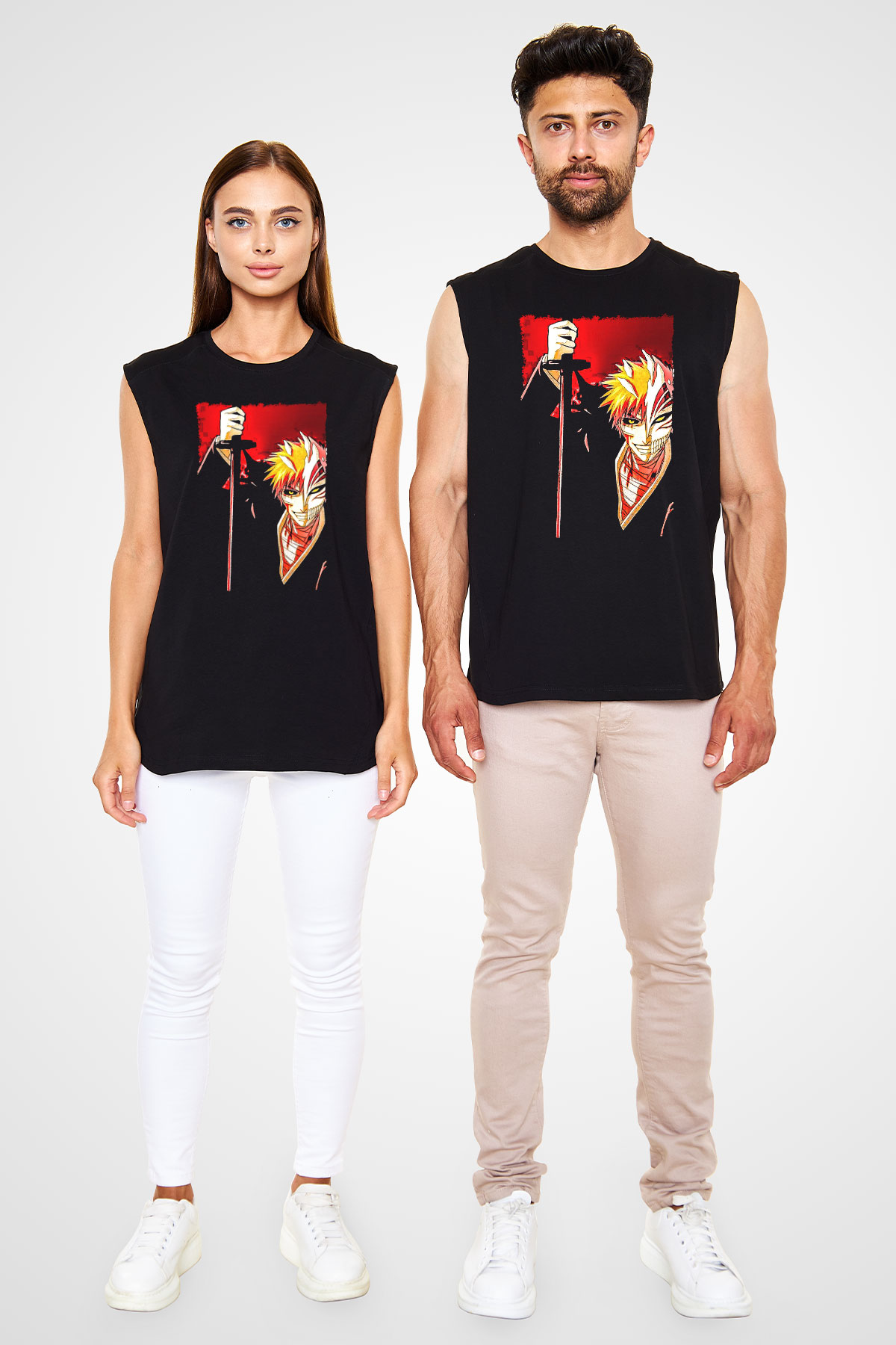 Bleach Baskılı Unisex Siyah Kolsuz Tişört - Tshirt