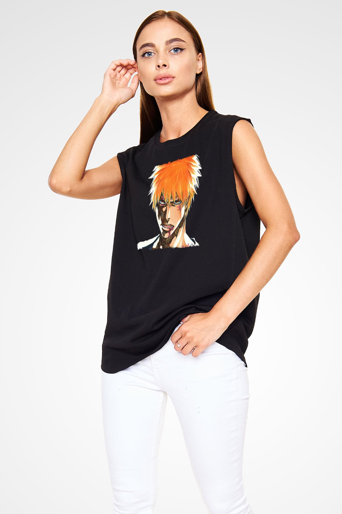Bleach Baskılı Unisex Siyah Kolsuz Tişört - Tshirt