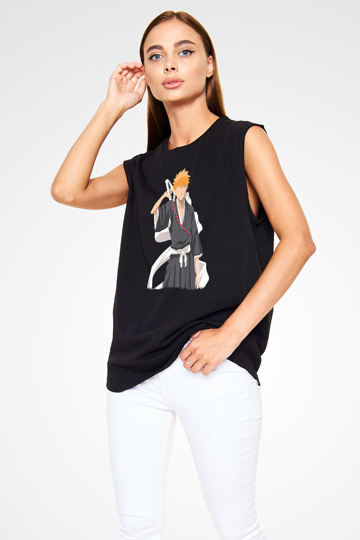Bleach Baskılı Unisex Siyah Kolsuz Tişört - Tshirt