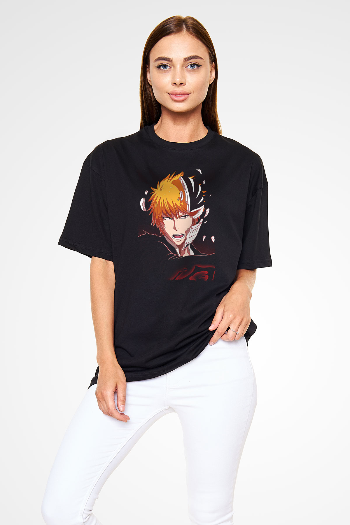 Bleach Baskılı Unisex Siyah Oversize Tişört - Tshirt