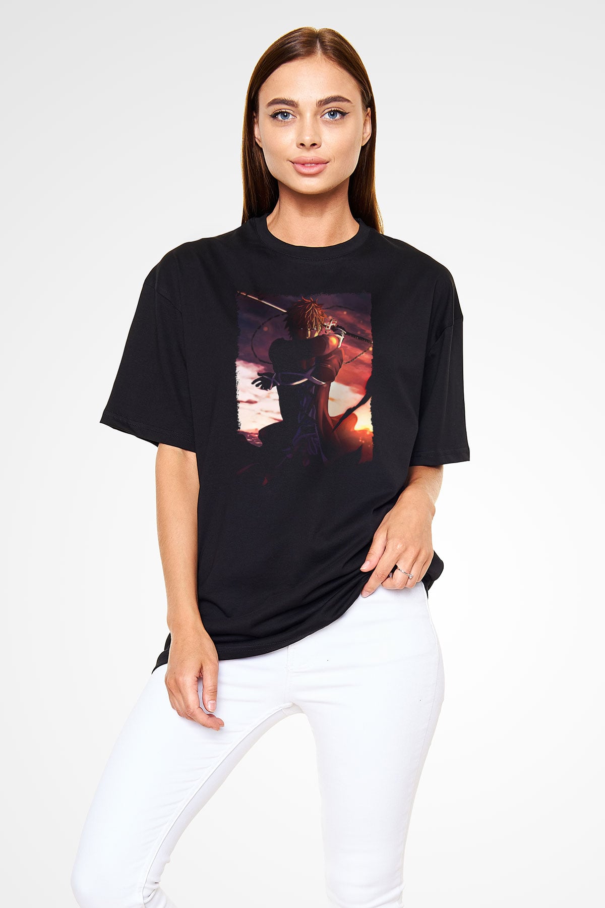 Bleach Baskılı Unisex Siyah Oversize Tişört - Tshirt
