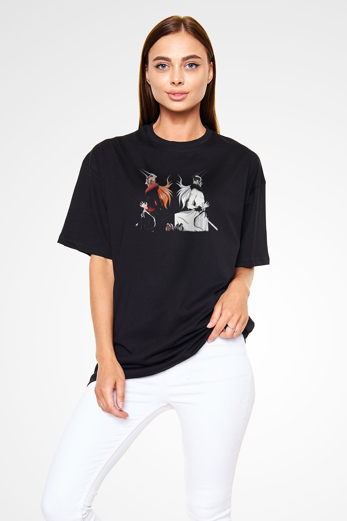 Bleach Baskılı Unisex Siyah Oversize Tişört - Tshirt
