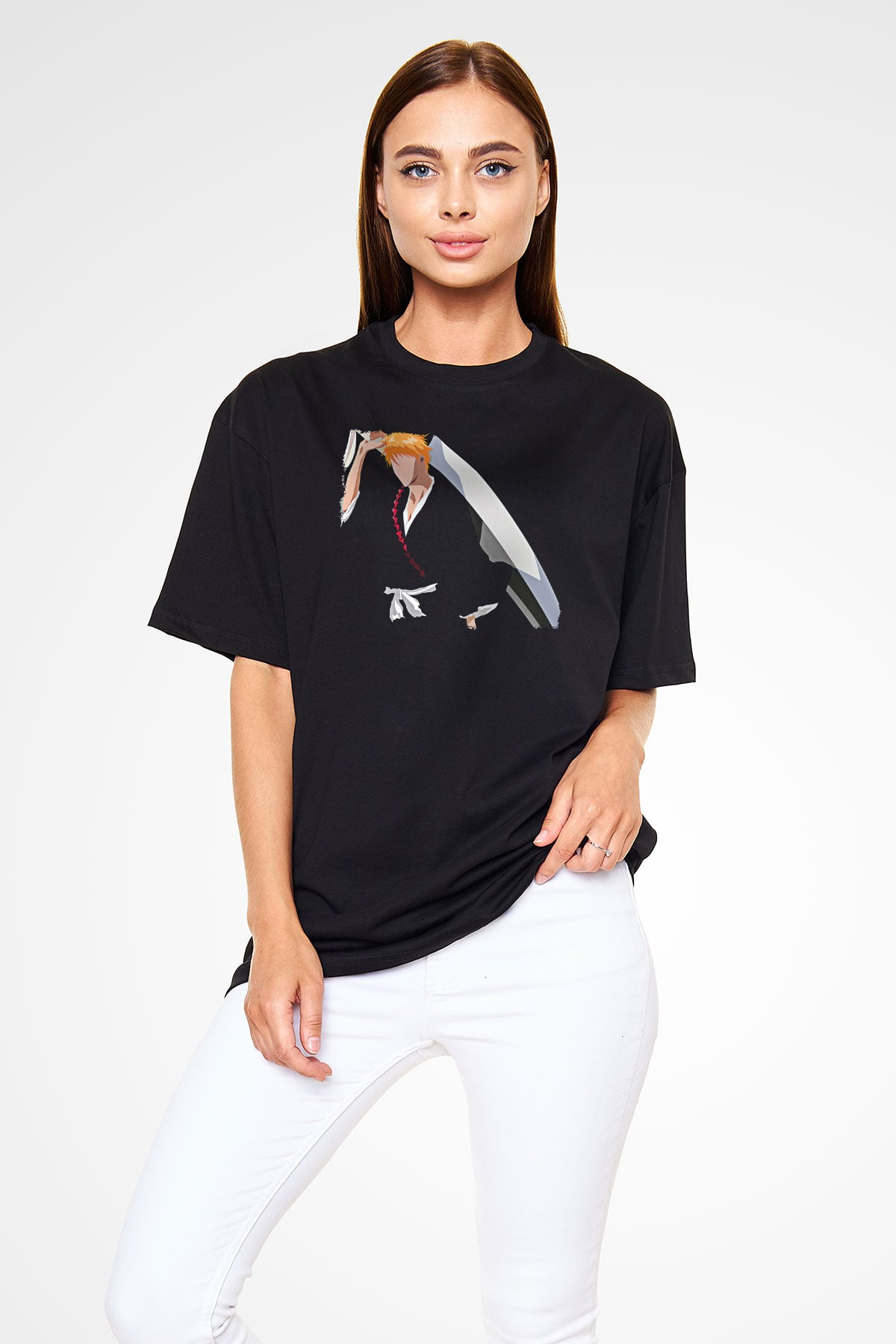 Bleach Baskılı Unisex Siyah Oversize Tişört - Tshirt