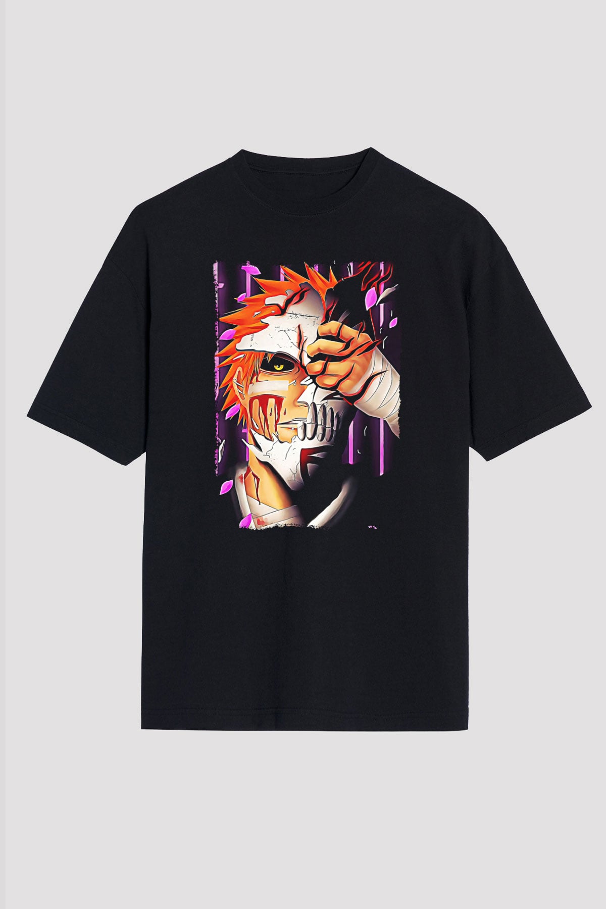 Bleach Baskılı Unisex Siyah Oversize Tişört - Tshirt