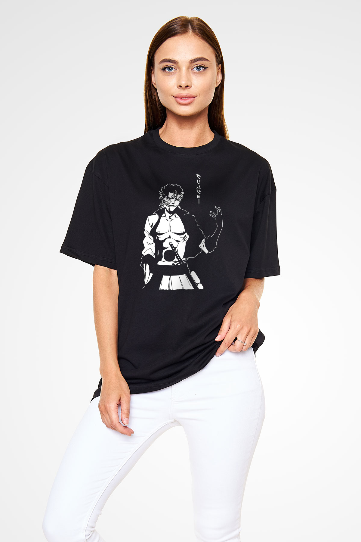 Bleach Baskılı Unisex Siyah Oversize Tişört - Tshirt