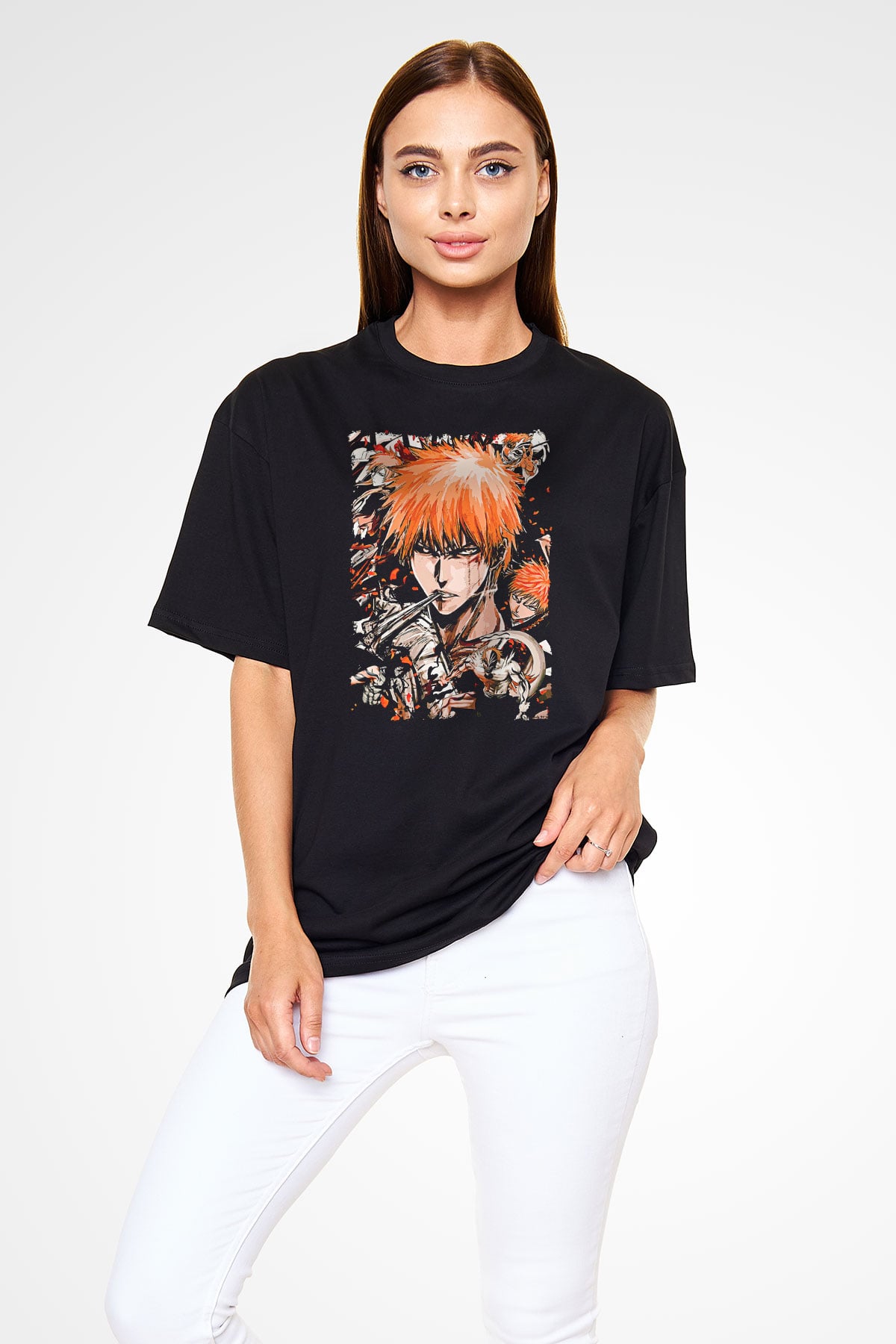 Bleach Baskılı Unisex Siyah Oversize Tişört - Tshirt