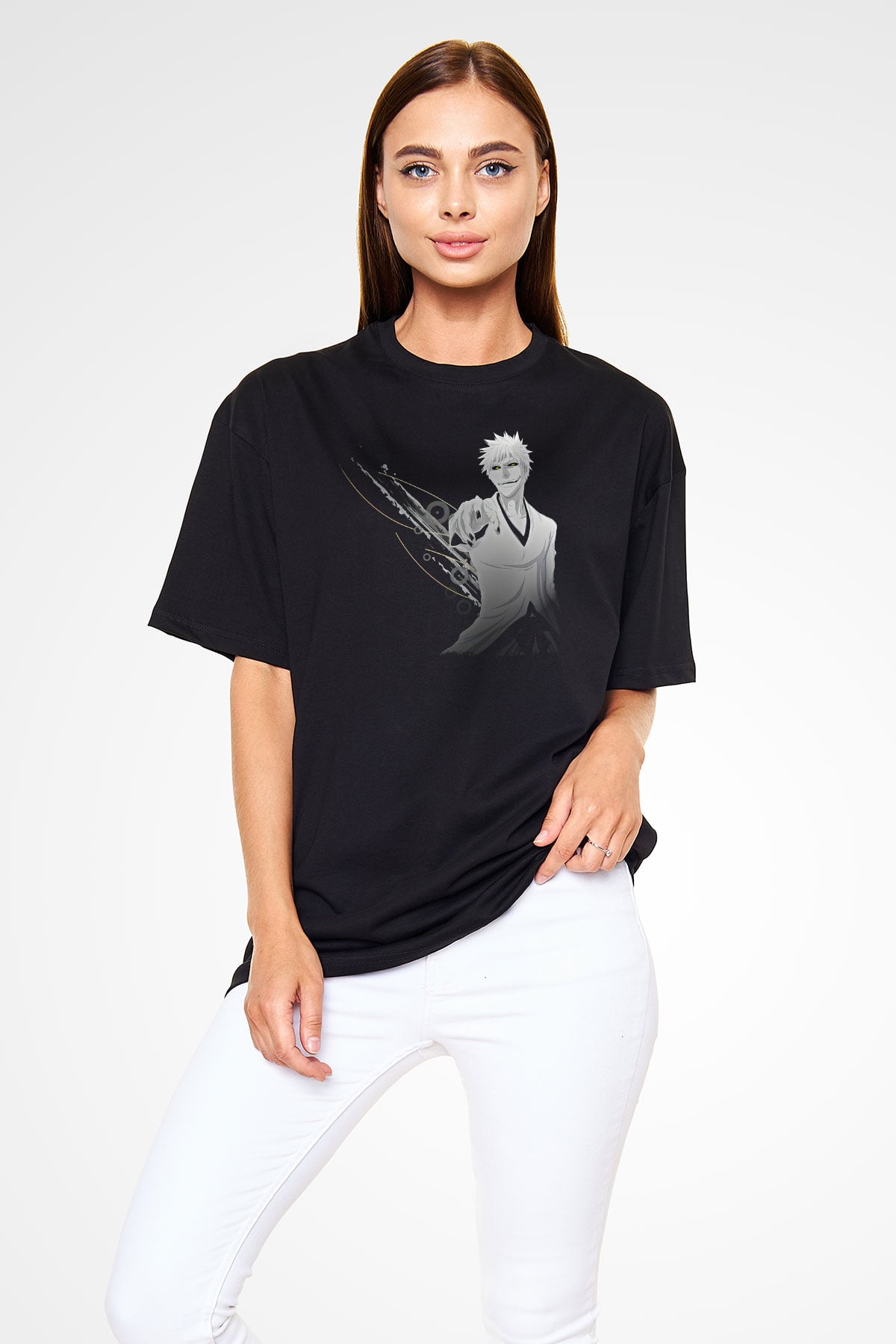 Bleach Baskılı Unisex Siyah Oversize Tişört - Tshirt