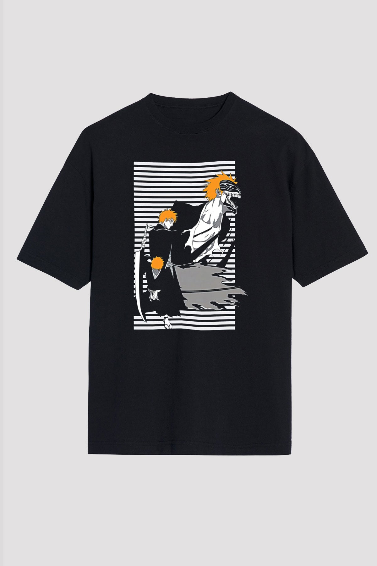 Bleach Baskılı Unisex Siyah Oversize Tişört - Tshirt