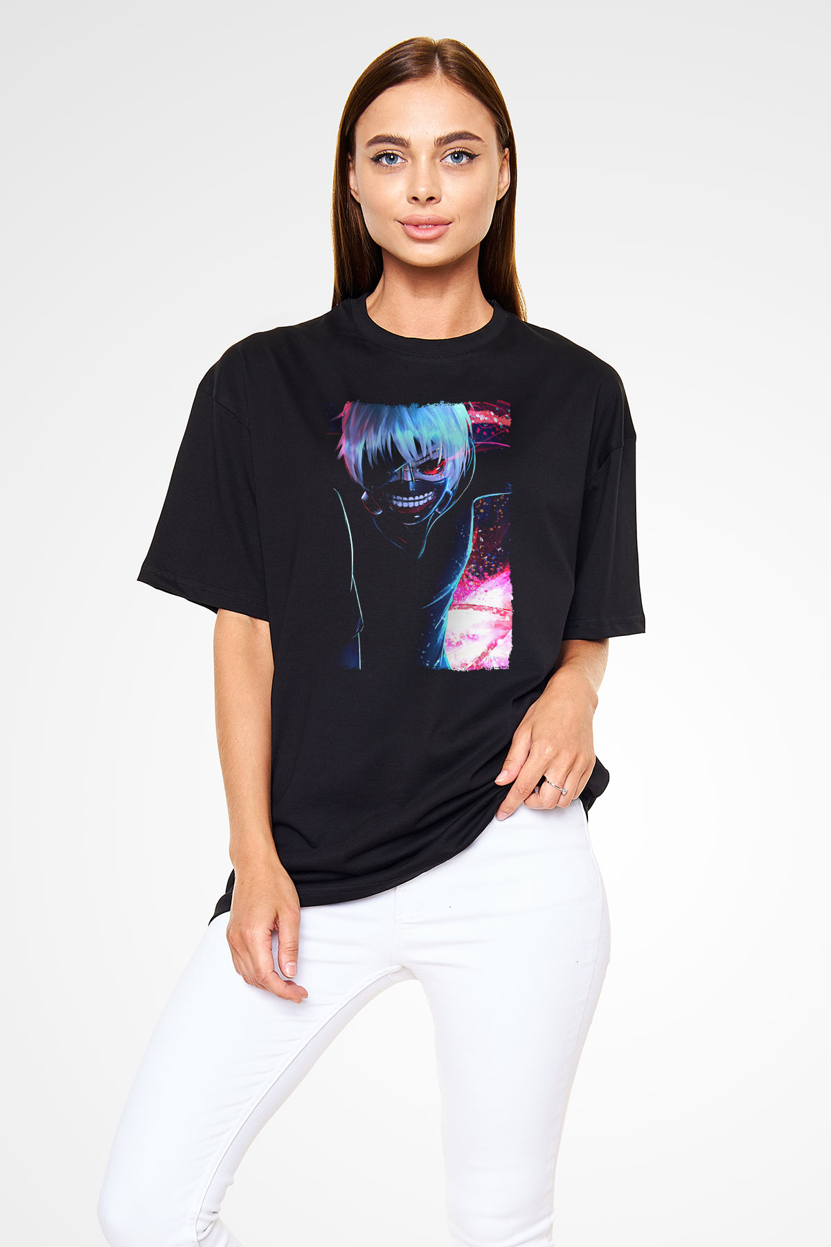 Bleach Baskılı Unisex Siyah Oversize Tişört - Tshirt