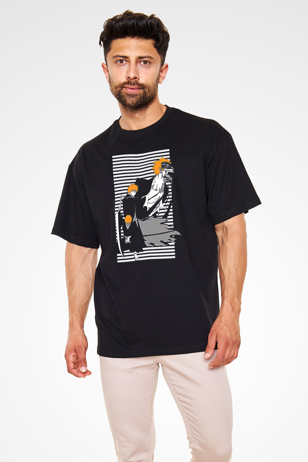 Bleach Baskılı Unisex Siyah Oversize Tişört - Tshirt