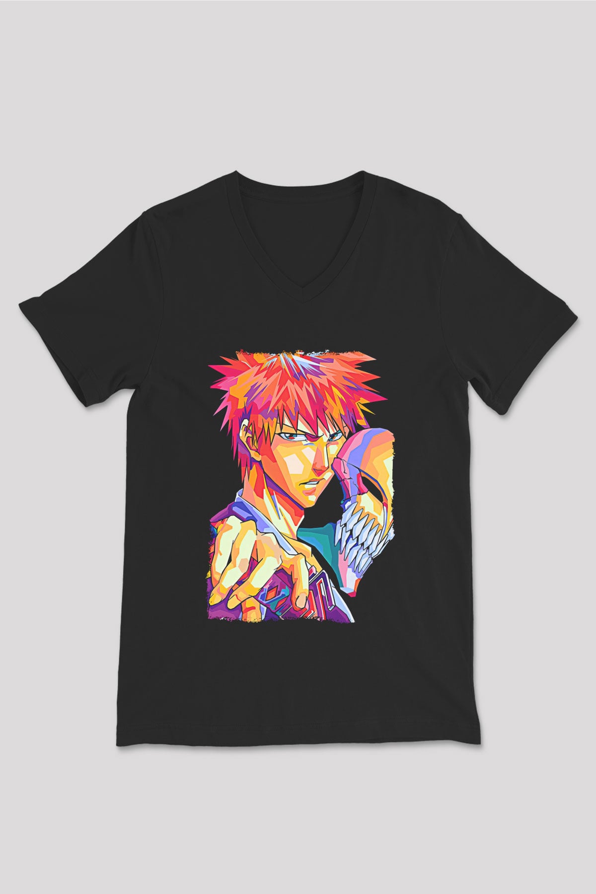 Bleach Baskılı Unisex Siyah V Yaka Tişört - Tshirt