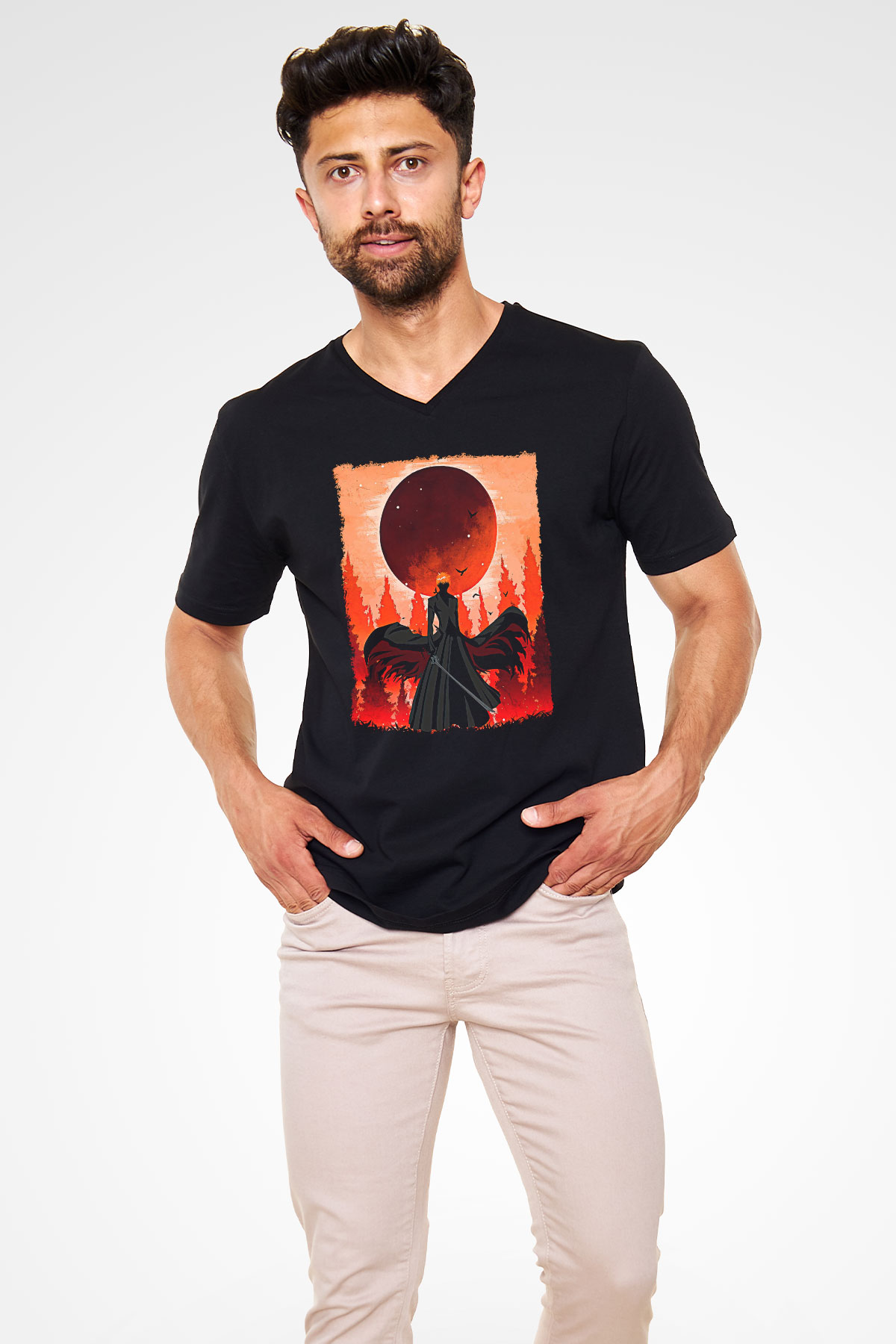 Bleach Baskılı Unisex Siyah V Yaka Tişört - Tshirt