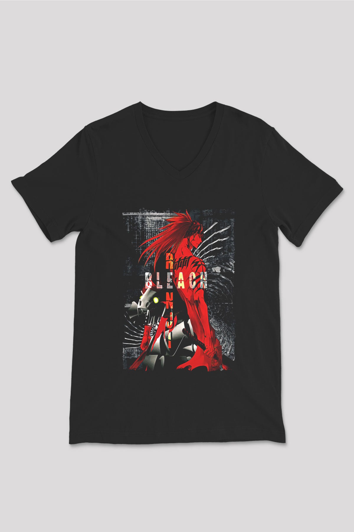 Bleach Baskılı Unisex Siyah V Yaka Tişört - Tshirt